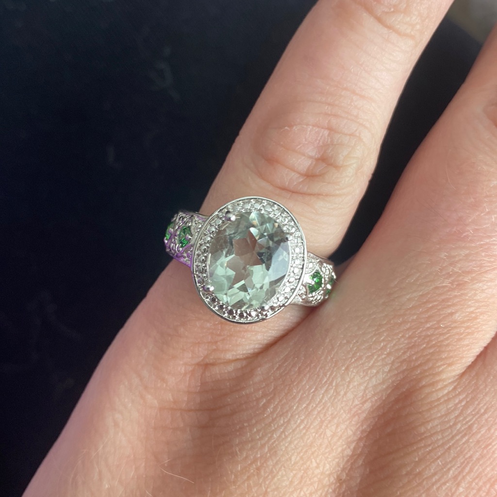 Green Amethyst And Emerald Ring; 925 Sterling Silver; Size 7